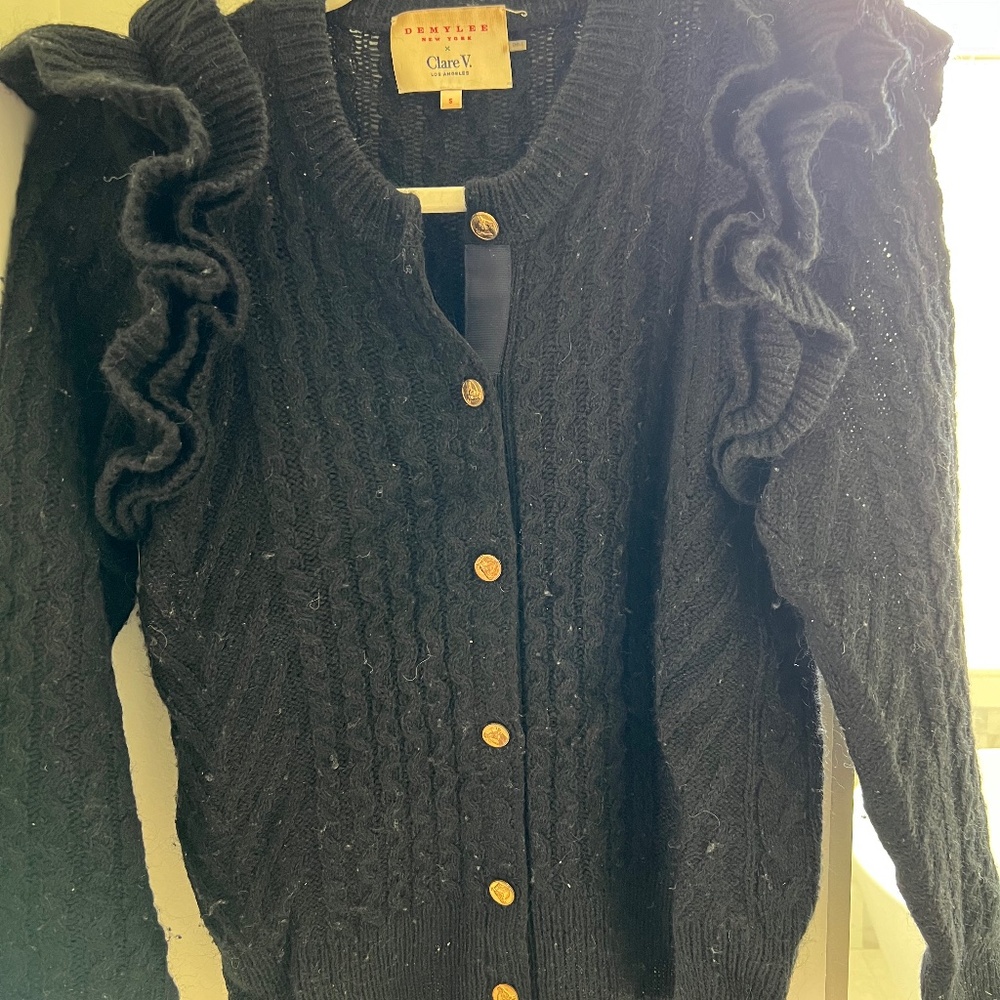 Clare V. Black Cardigan with Ruffles and Gold Buttons - size s
